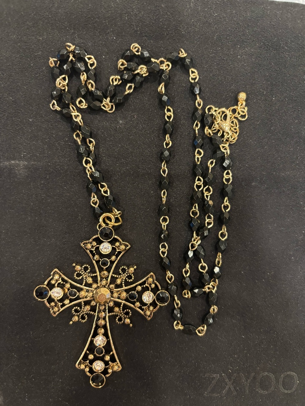 Gold-Tone Cross Pendant Necklace with Black Beads
